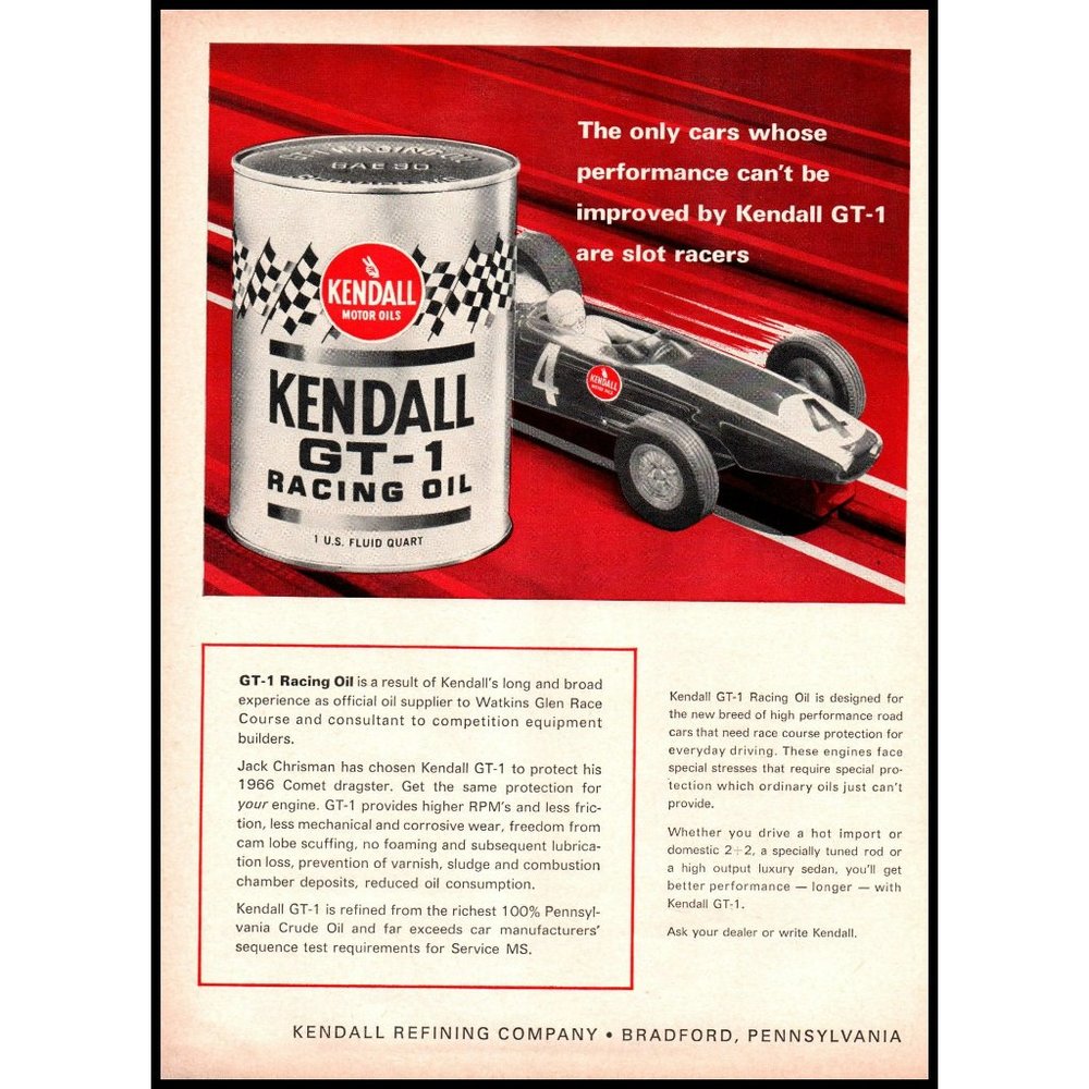 1966 Kendall GT-1 Racing Oil Can Vintage Print Ad Dragster Drag Racing Wall Art
